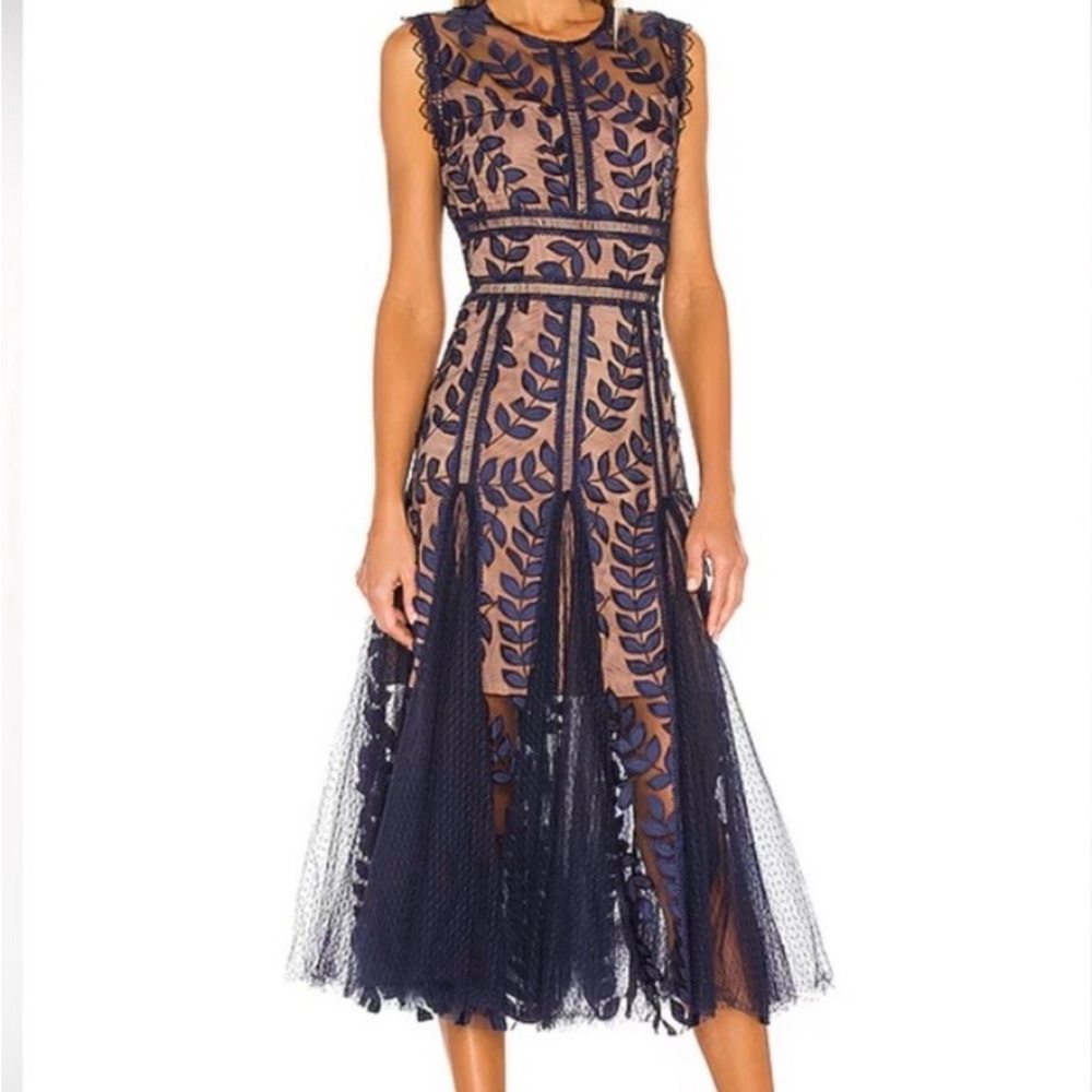 Bronx and Banco Saba Embroidered Mesh Navy and Nude Leaf-Embroidered Midi Dress
